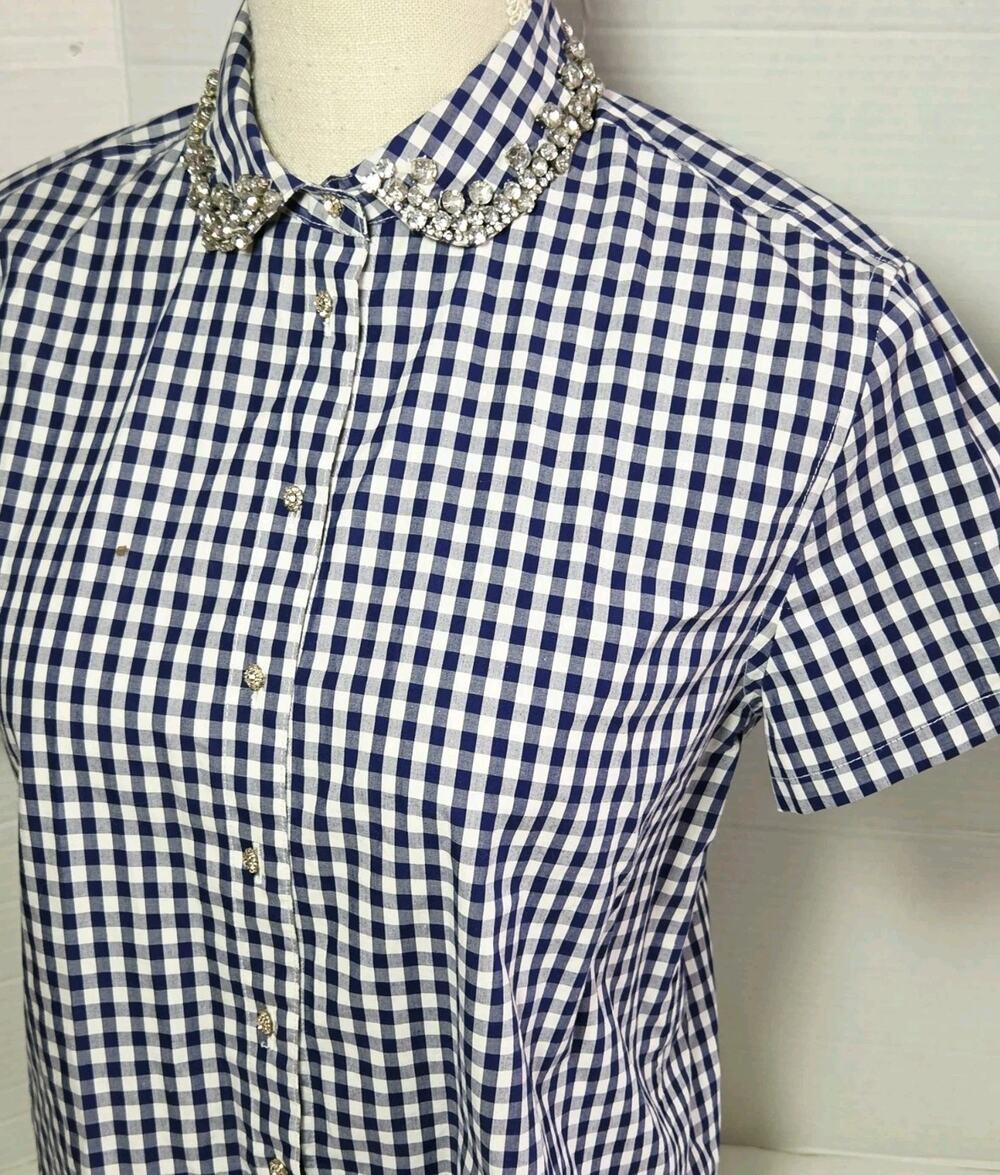 J.Crew Collection Embellished Jeweled Neck Gingham Top S Blue Vtg Retro Y2K